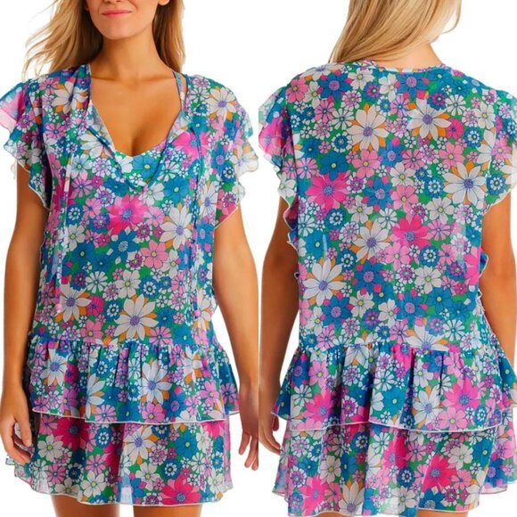 Jessica Simpson Swim Cover-Up Floral Crazy Daisy Chiffon Tiered Cover Dress L - Picture 2 of 4
